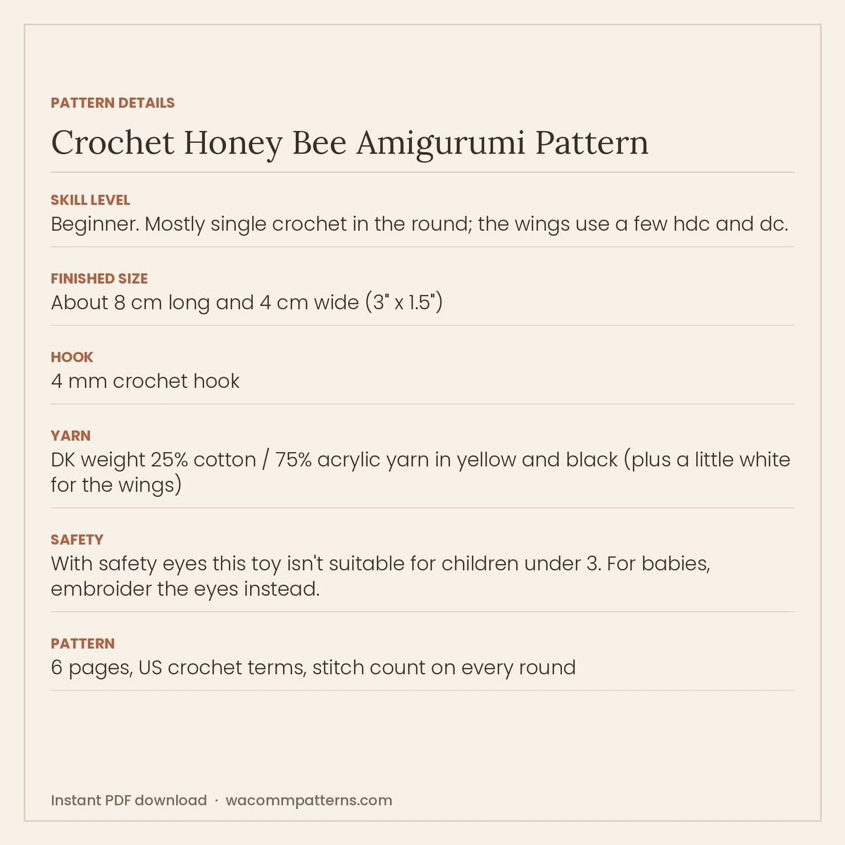 Small round crochet honey bee amigurumi with black stripes, soft wings and a smiley face - PDF crochet pattern, instant download