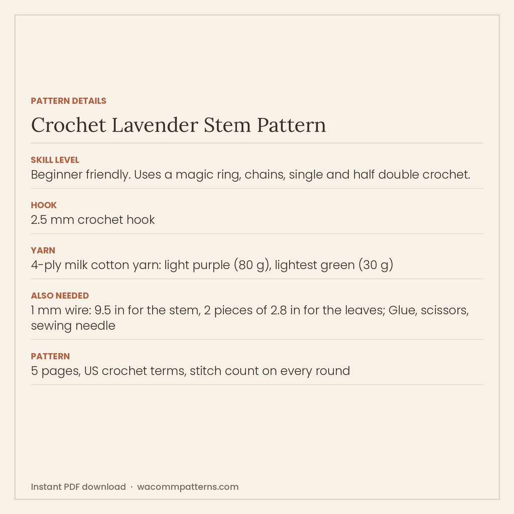 Crochet lavender stem made from small five-petal flowers stacked on a wired stem - PDF crochet pattern, instant download