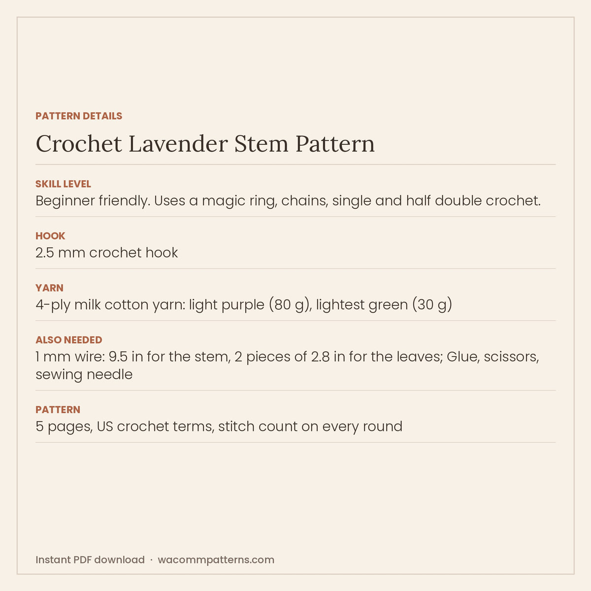 Crochet lavender stem made from small five-petal flowers stacked on a wired stem - PDF crochet pattern, instant download