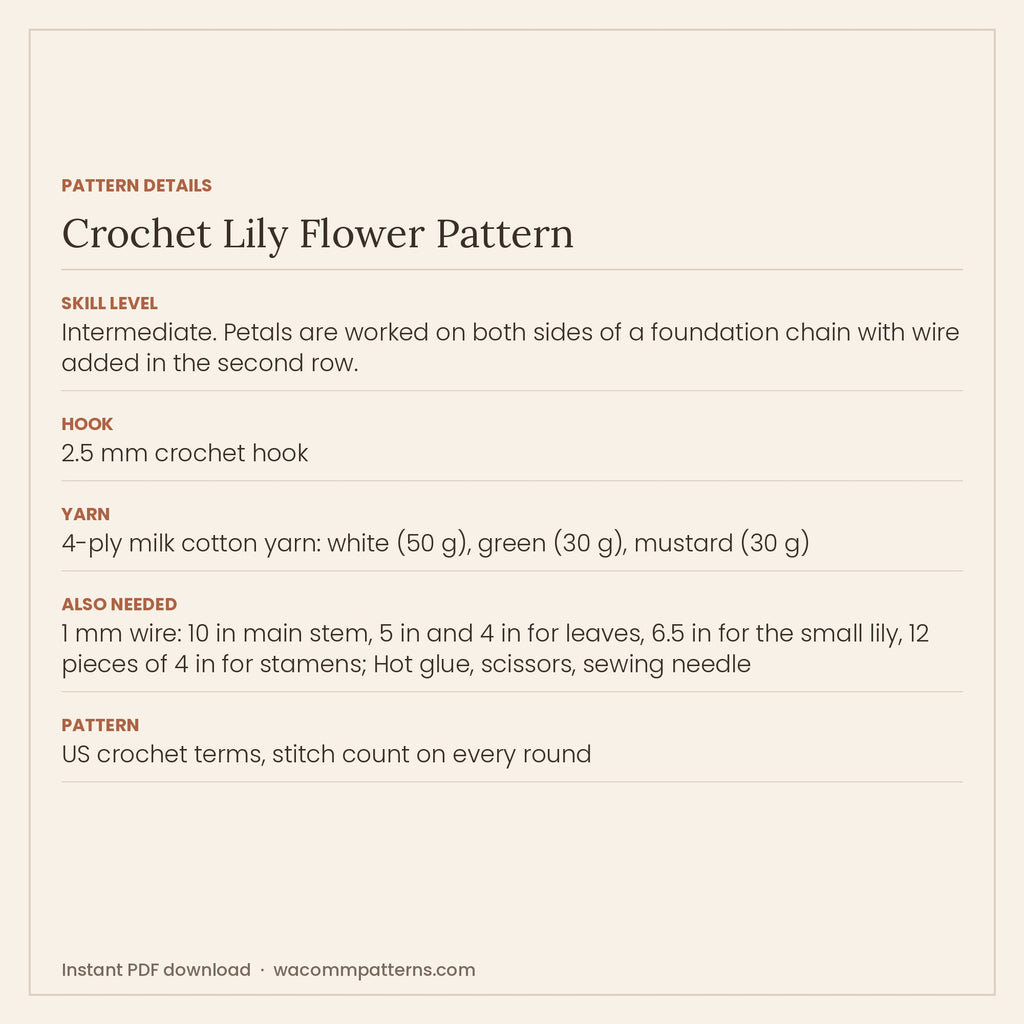 Crochet white lily stem with one large open bloom, a smaller lily, wired leaves and golden stamens - PDF crochet pattern, instant download