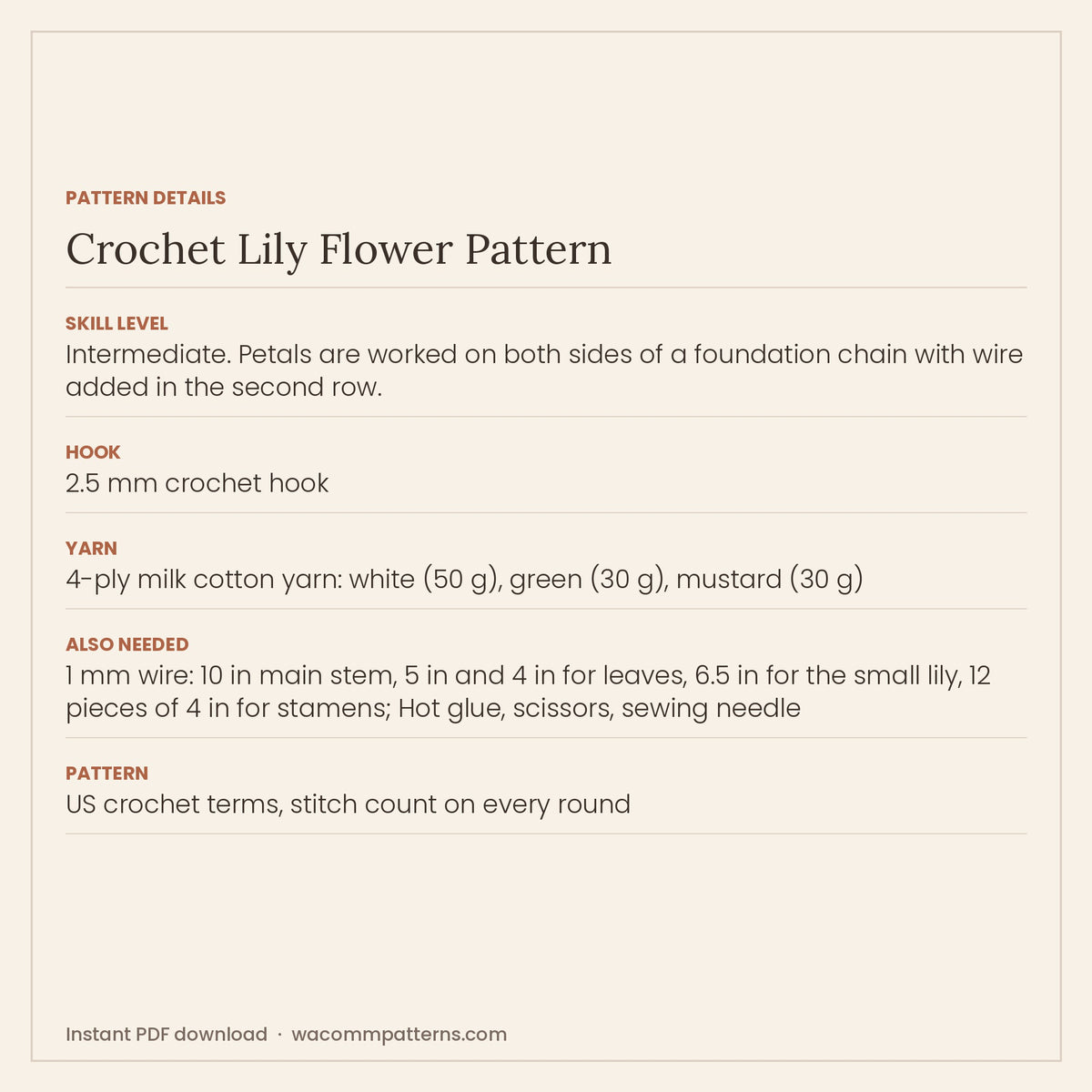 Crochet white lily stem with one large open bloom, a smaller lily, wired leaves and golden stamens - PDF crochet pattern, instant download