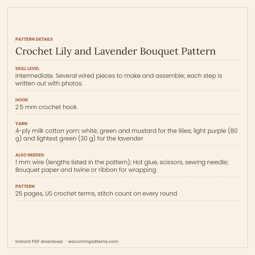 Crochet bouquet of wired lilies and lavender stems, arranged and wrapped like a florist's bunch - PDF crochet pattern, instant download