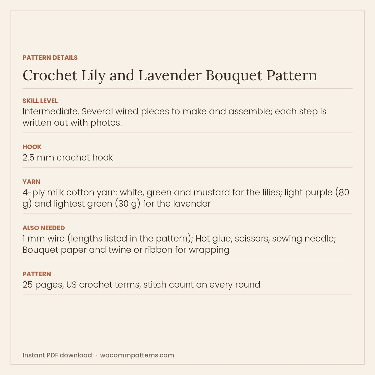 Crochet bouquet of wired lilies and lavender stems, arranged and wrapped like a florist's bunch - PDF crochet pattern, instant download