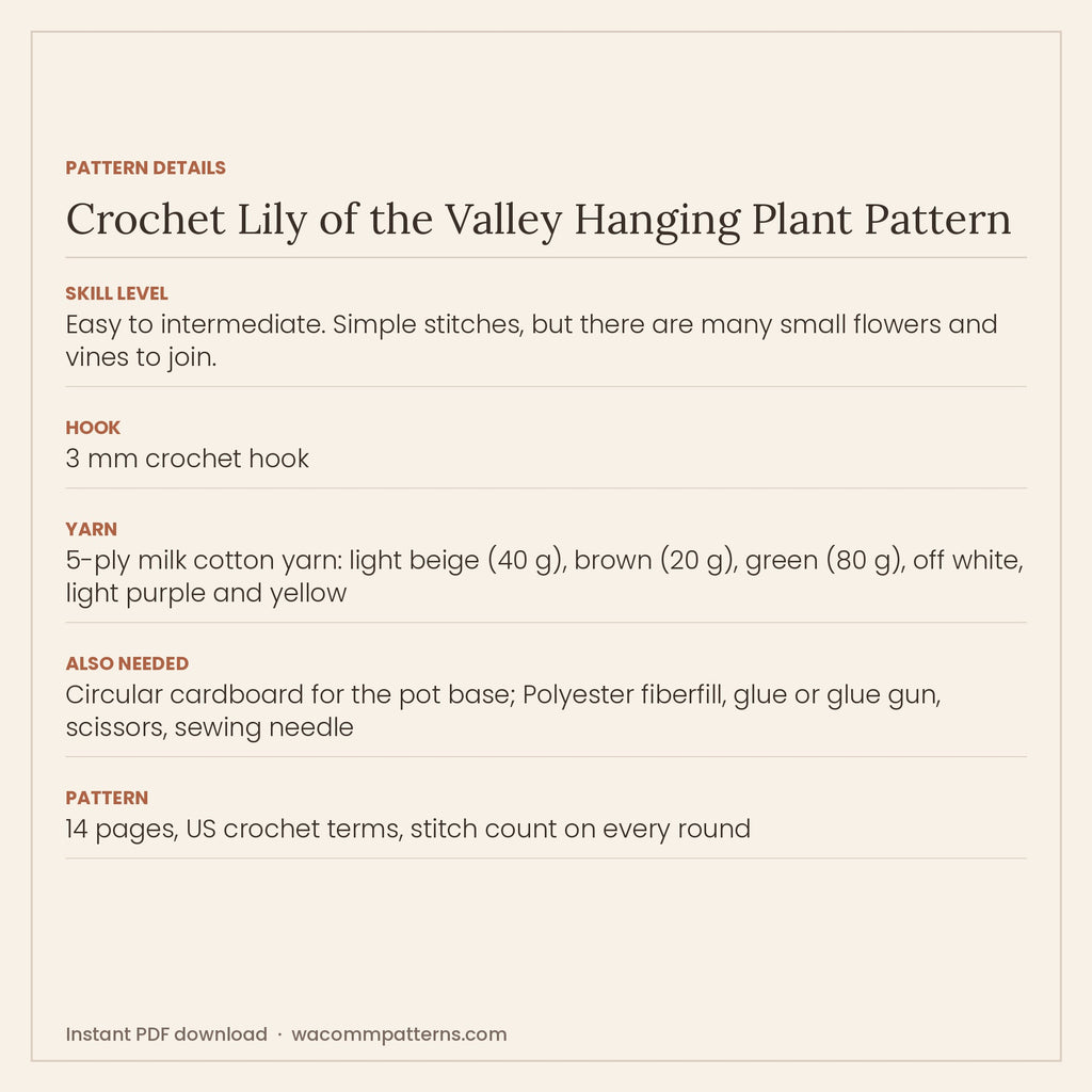 Crochet lily of the valley hanging plant with leafy vines, curly tendrils and dangling white bells - PDF crochet pattern, instant download