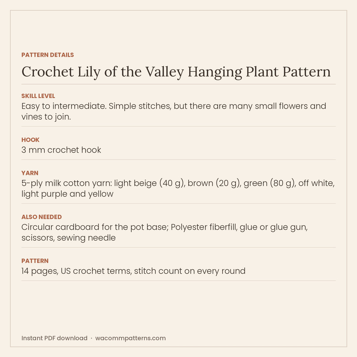 Crochet lily of the valley hanging plant with leafy vines, curly tendrils and dangling white bells - PDF crochet pattern, instant download