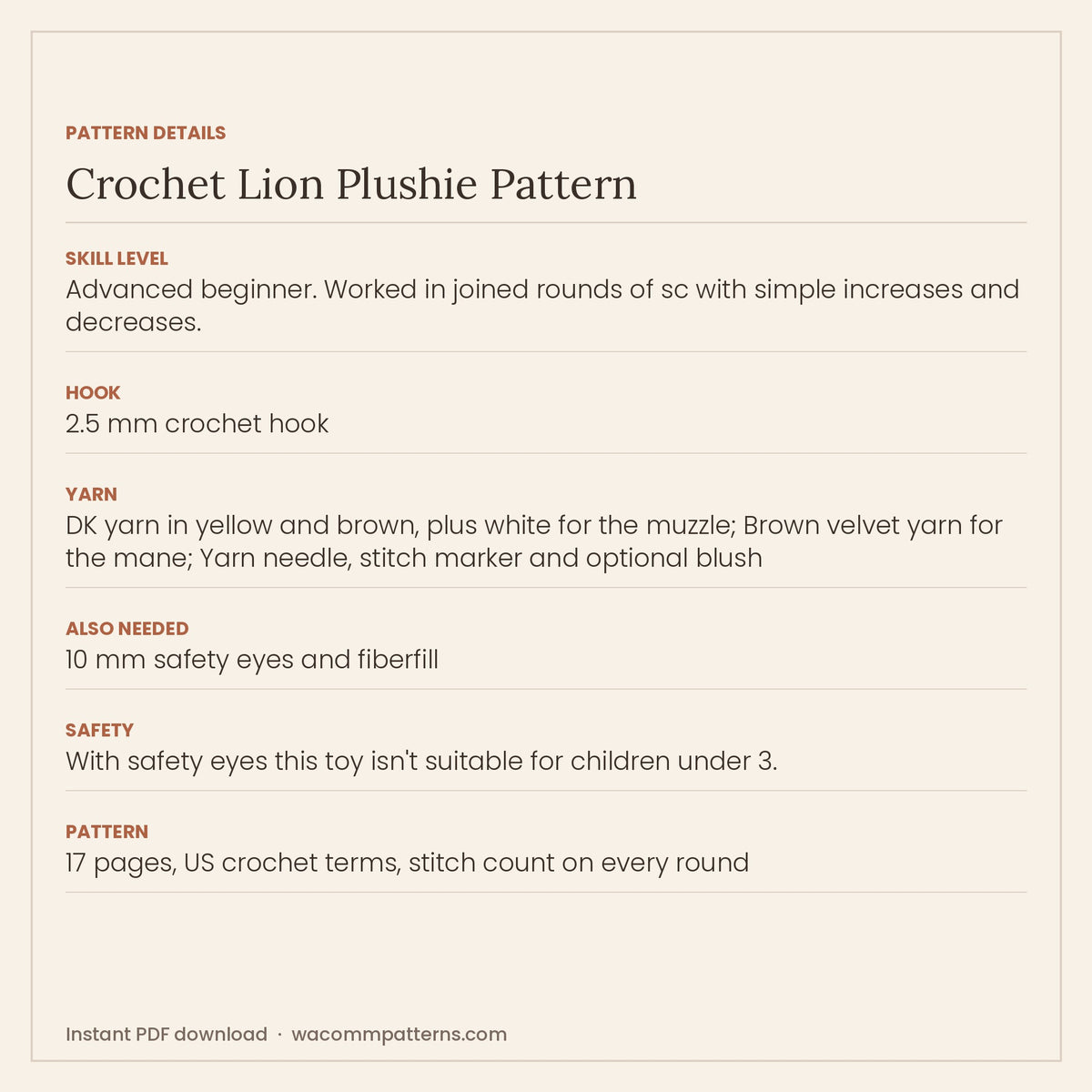 Crochet lion plushie with a fluffy loop-stitch mane, rosy cheeks and a tufted tail - PDF crochet pattern, instant download