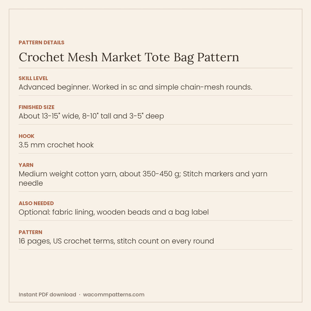 Crochet open-mesh market tote in cotton with a solid oval base and a firm top band - PDF crochet pattern, instant download