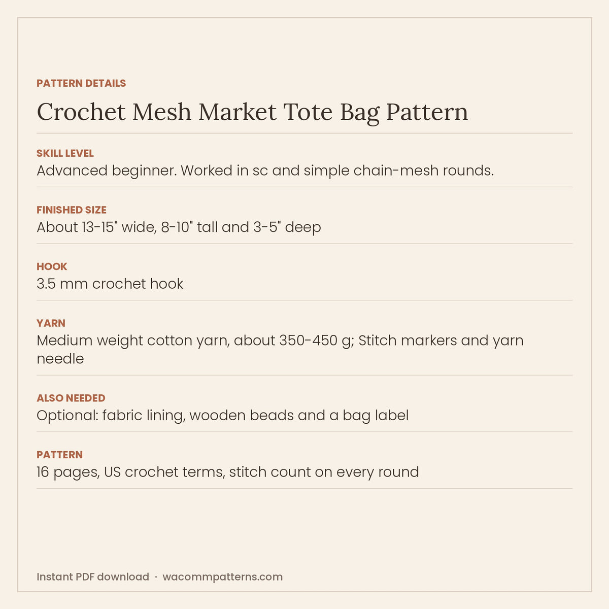 Crochet open-mesh market tote in cotton with a solid oval base and a firm top band - PDF crochet pattern, instant download