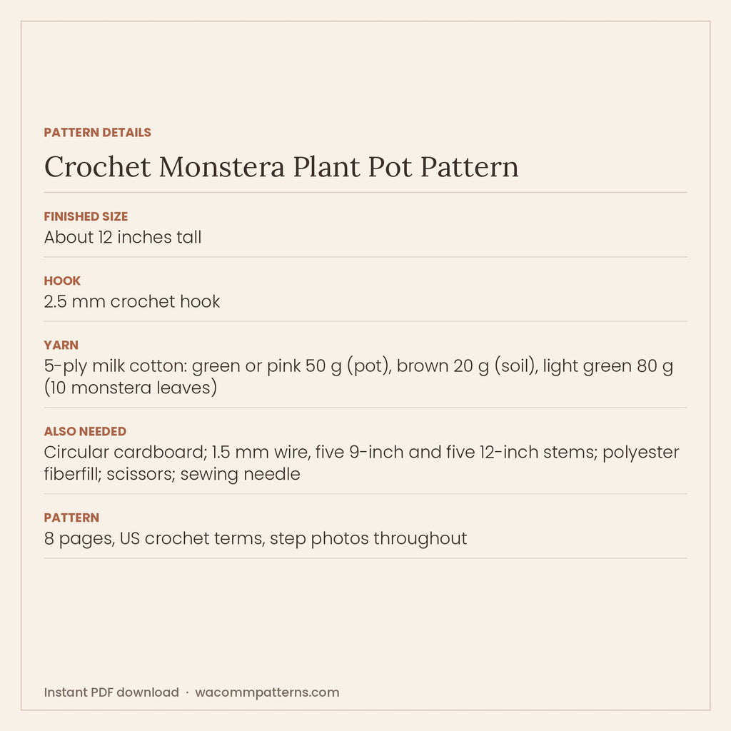 Pattern details card for the crochet monstera plant pot