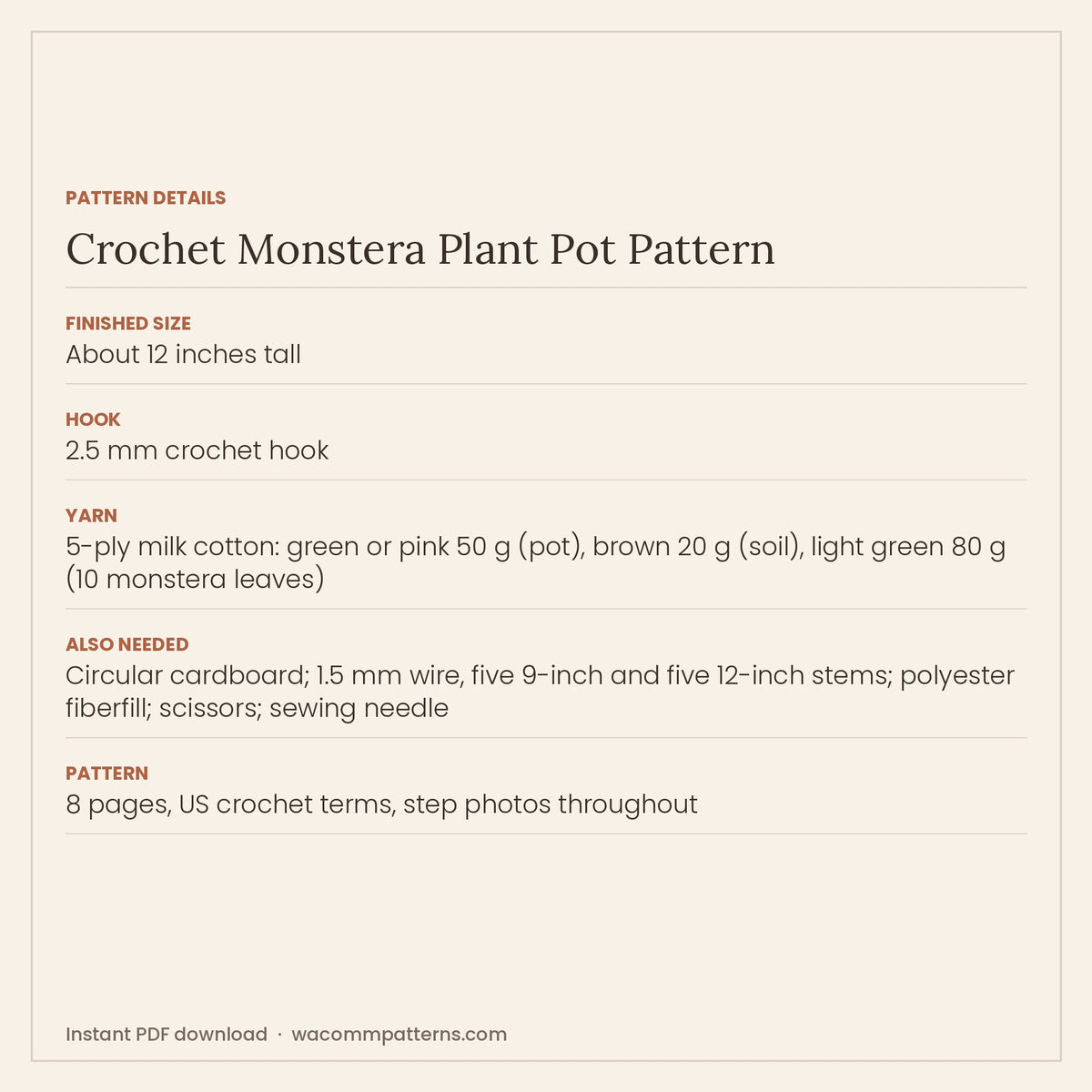 Pattern details card for the crochet monstera plant pot