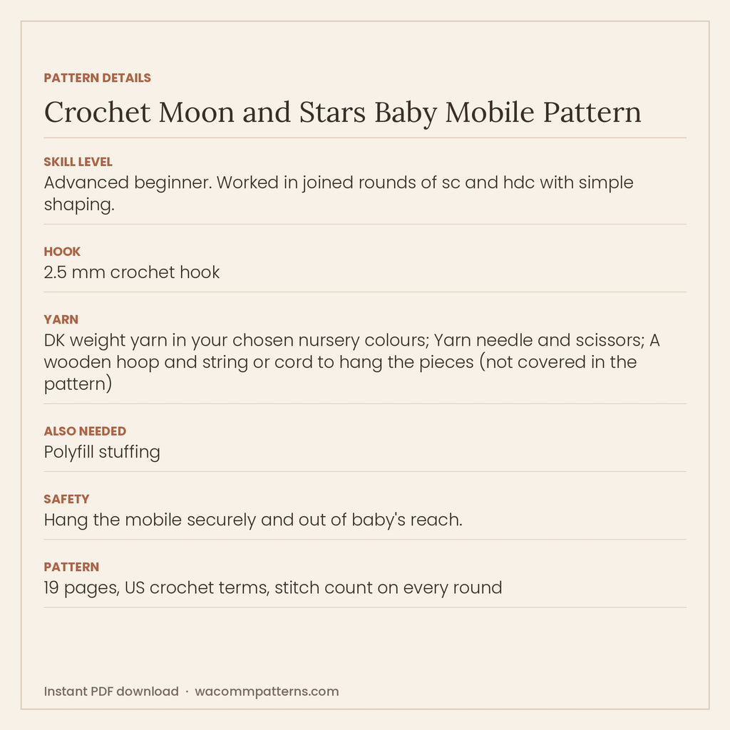 Crochet nursery mobile with a smiling crescent moon, puffy clouds and little stars - PDF crochet pattern, instant download