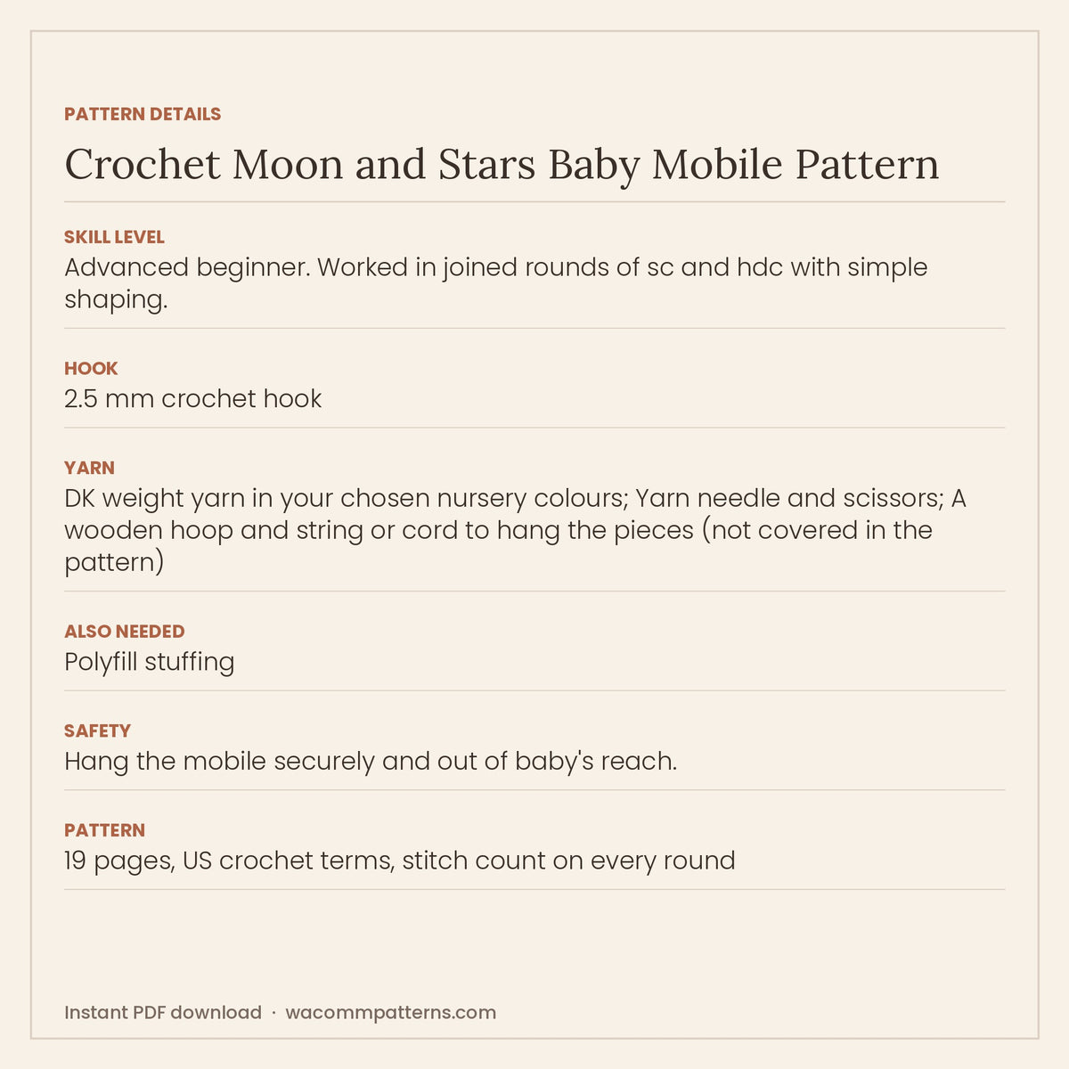 Crochet nursery mobile with a smiling crescent moon, puffy clouds and little stars - PDF crochet pattern, instant download