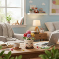 Smiling crochet pot with colorful mushrooms on a wooden table