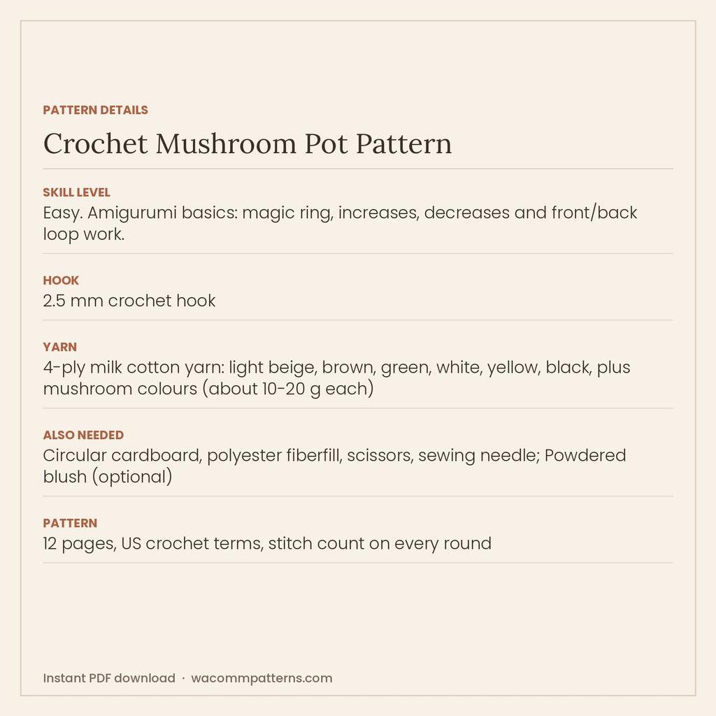 Crochet plant pot with a smiling face, tiny legs and a bouquet of colourful spotted mushrooms - PDF crochet pattern, instant download