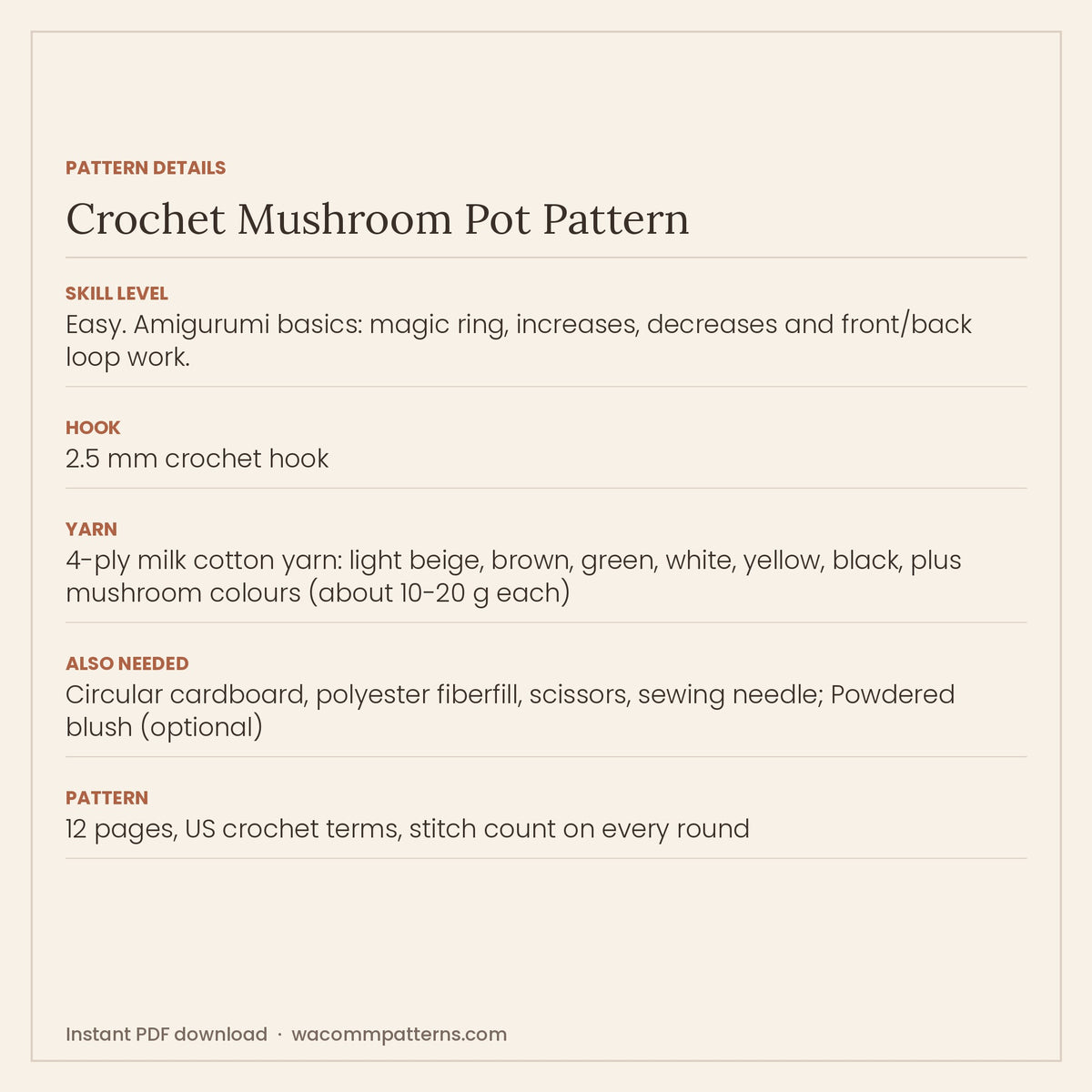 Crochet plant pot with a smiling face, tiny legs and a bouquet of colourful spotted mushrooms - PDF crochet pattern, instant download