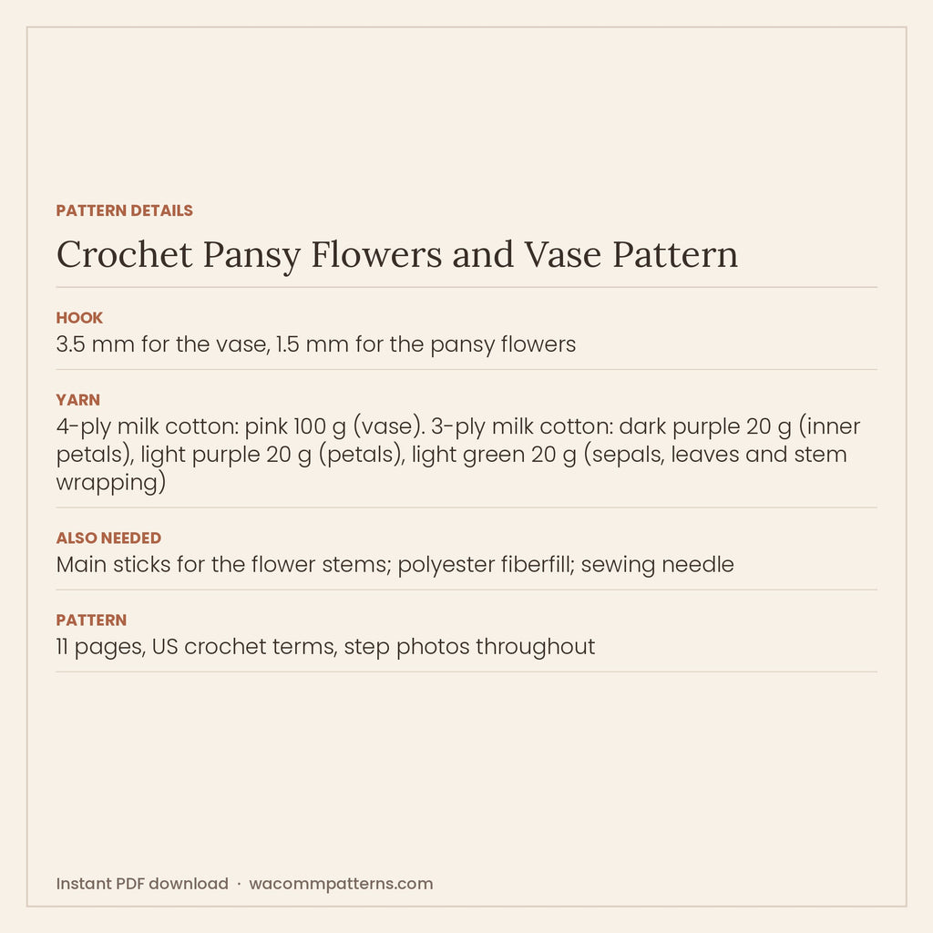 Pattern details card for the crochet pansy flowers and vase