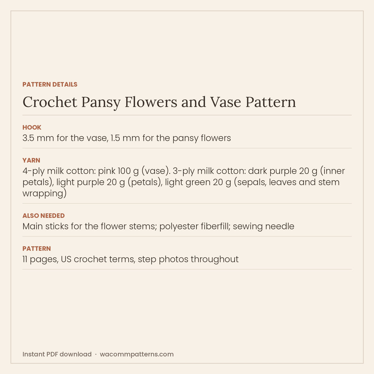 Pattern details card for the crochet pansy flowers and vase