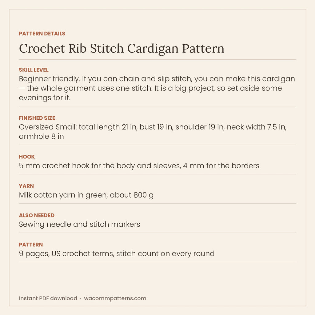 Oversized open-front crochet cardigan worked in yarn-over slip stitch rib - PDF crochet pattern, instant download