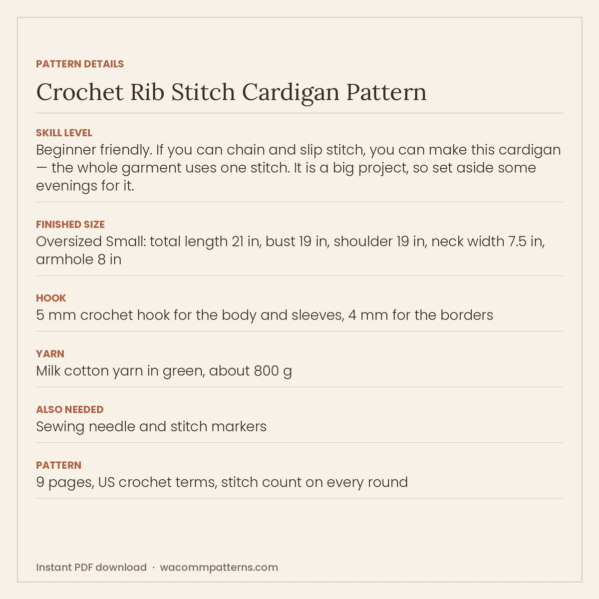 Oversized open-front crochet cardigan worked in yarn-over slip stitch rib - PDF crochet pattern, instant download