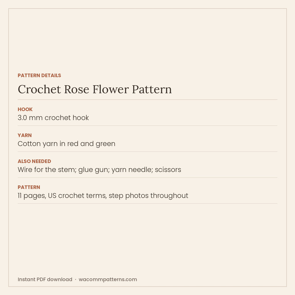 Pattern details card for the crochet rose flower