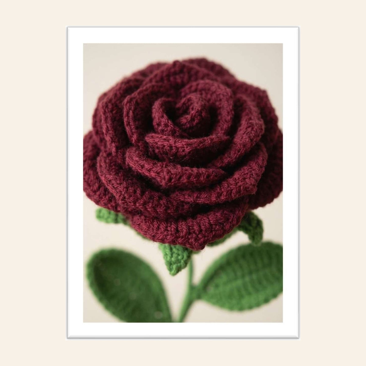 Close-up of the spiralled petals on the crochet rose