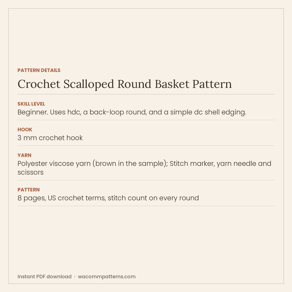Small round crochet basket worked in half double crochet with a scalloped shell edge - PDF crochet pattern, instant download