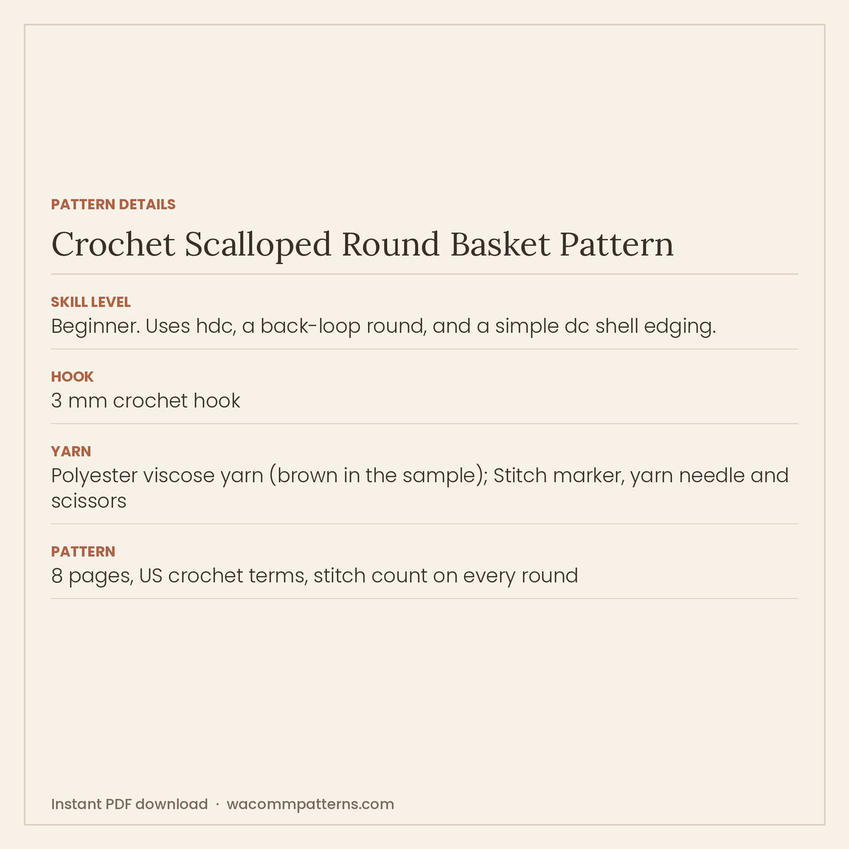 Small round crochet basket worked in half double crochet with a scalloped shell edge - PDF crochet pattern, instant download