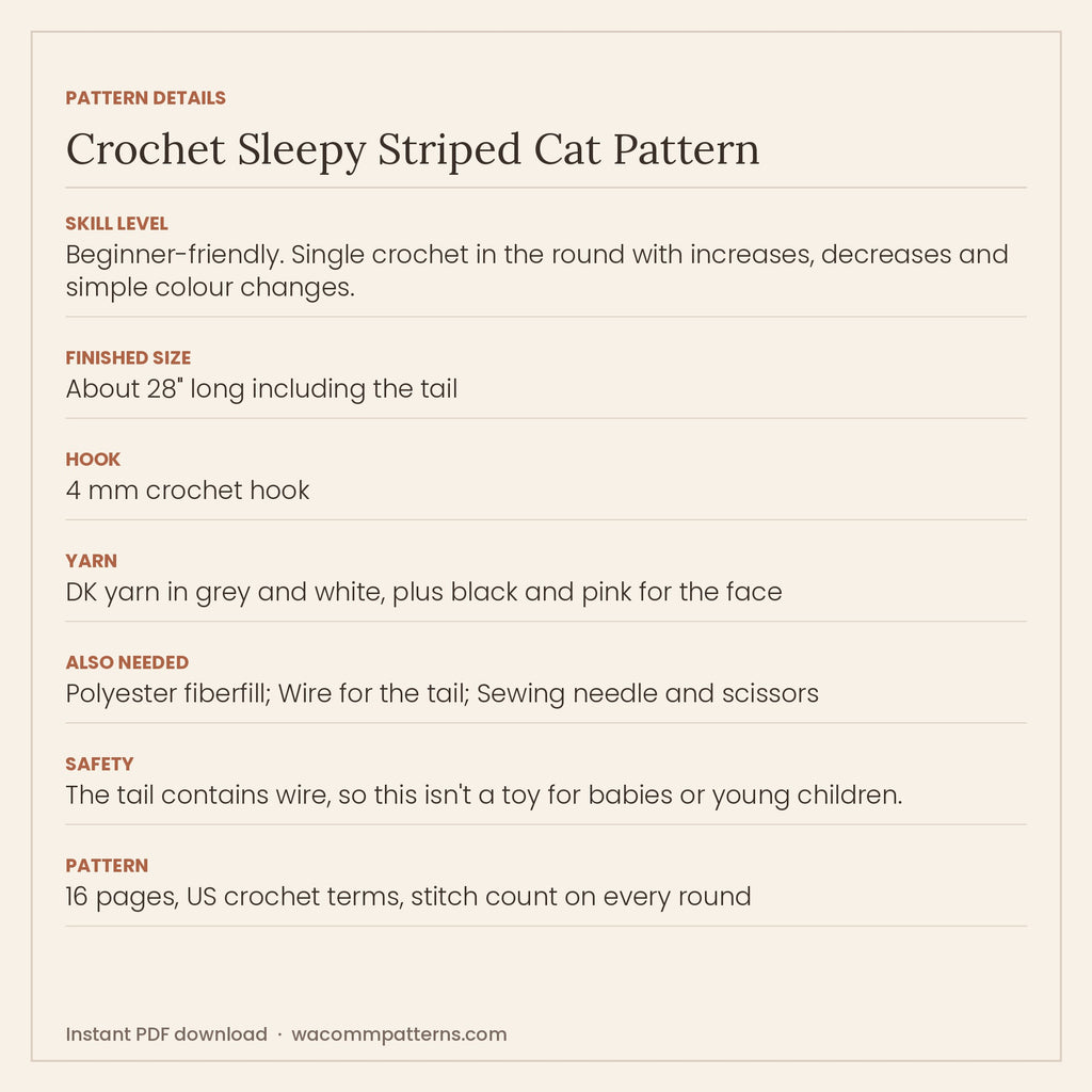 Long floppy crochet cat in grey and white stripes, curled up asleep with closed embroidered eyes - PDF crochet pattern, instant download