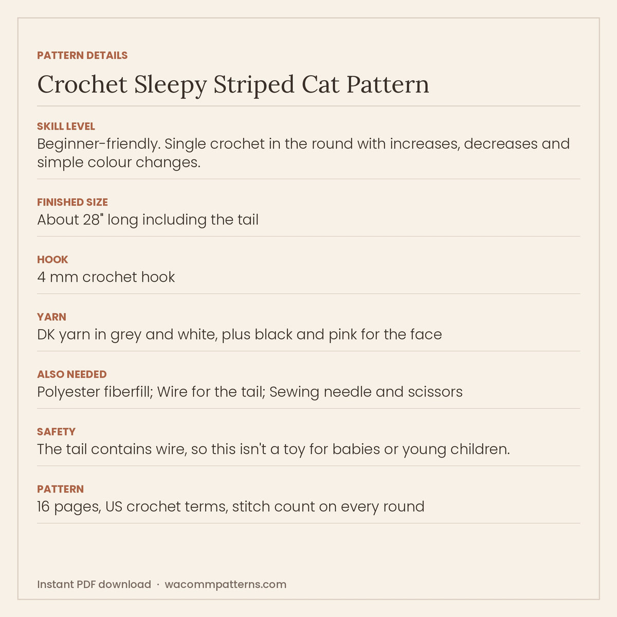 Long floppy crochet cat in grey and white stripes, curled up asleep with closed embroidered eyes - PDF crochet pattern, instant download
