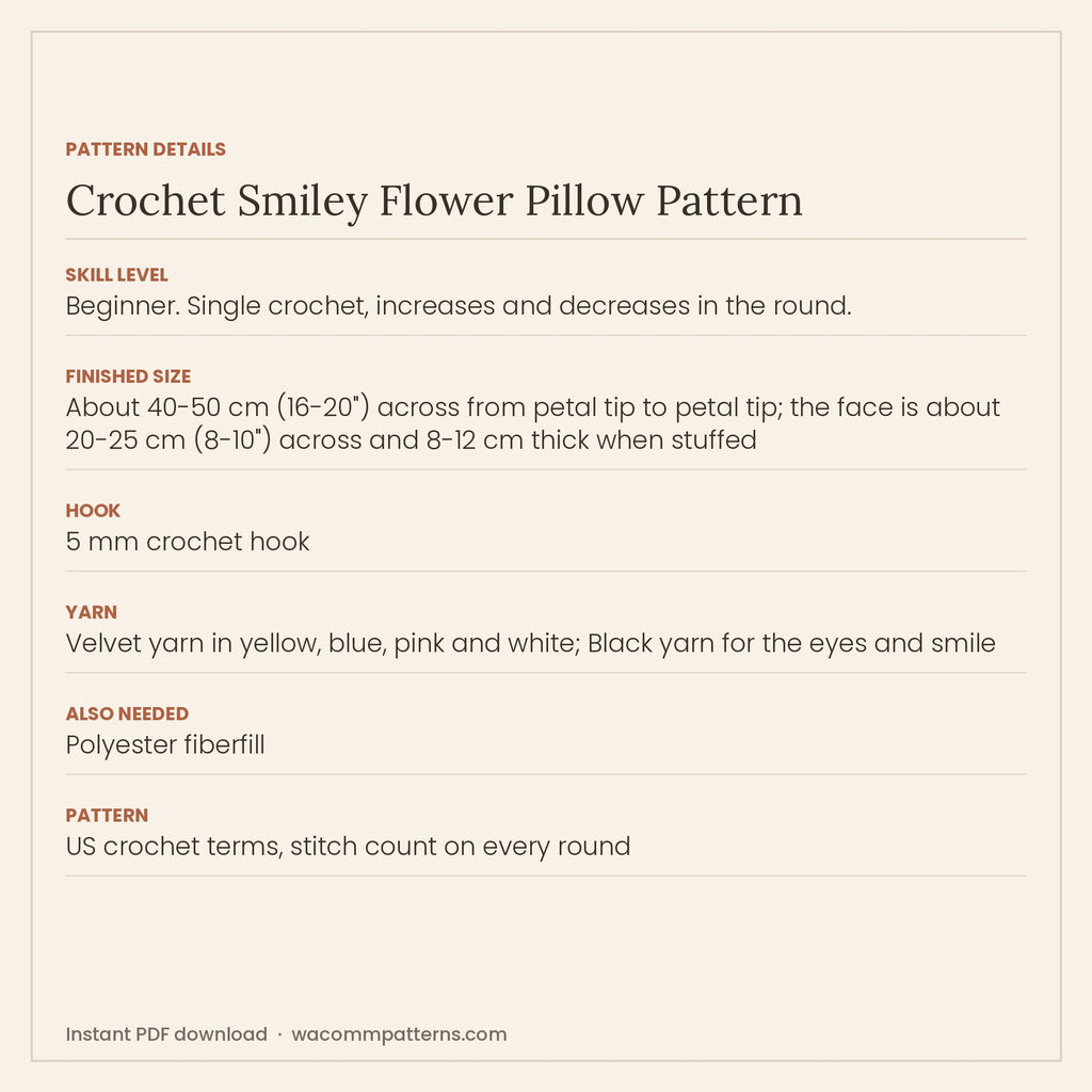Crochet smiley flower pillow in soft velvet yarn with twelve puffy petals and a happy face - PDF crochet pattern, instant download