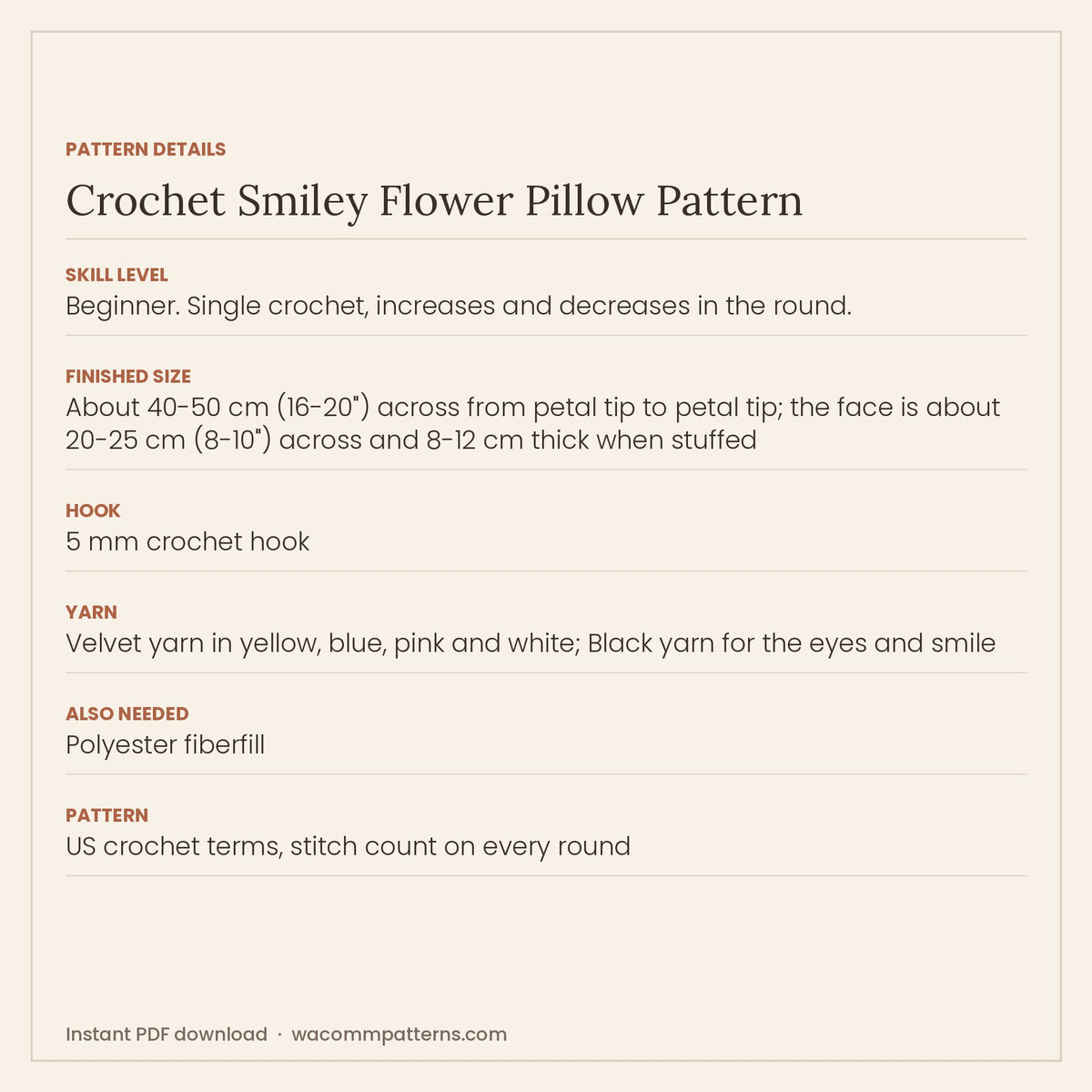 Crochet smiley flower pillow in soft velvet yarn with twelve puffy petals and a happy face - PDF crochet pattern, instant download
