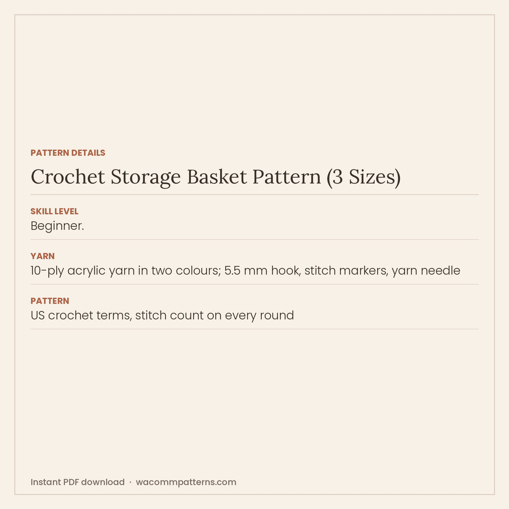 Two-tone crochet storage basket with an open mesh band and built-in handles, in three sizes - PDF crochet pattern, instant download