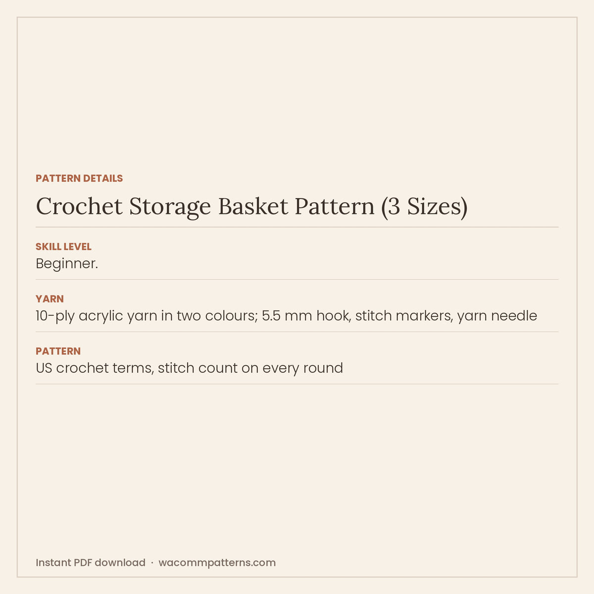 Two-tone crochet storage basket with an open mesh band and built-in handles, in three sizes - PDF crochet pattern, instant download