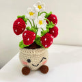 Crochet strawberry plant pot with a smiling face, red strawberries and white daisies