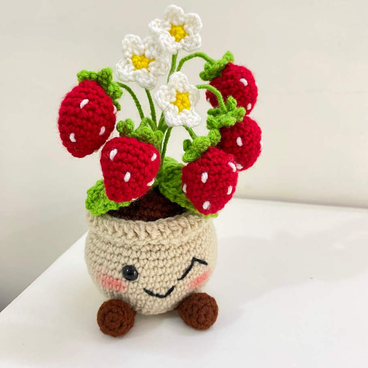 Crochet strawberry plant pot with a smiling face, red strawberries and white daisies