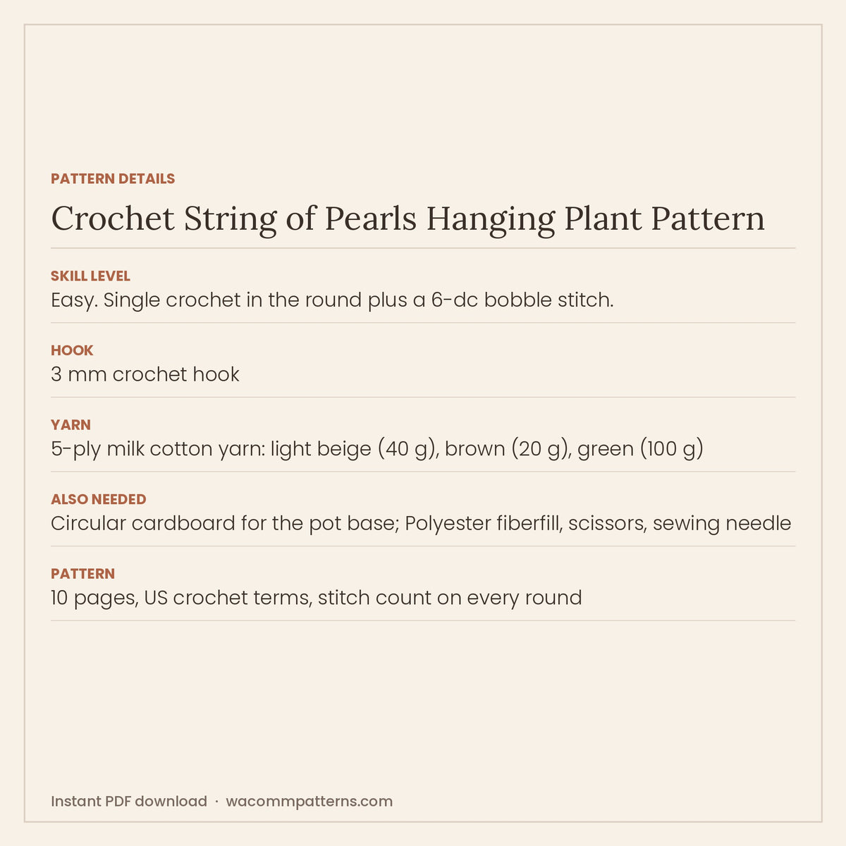 Crochet string of pearls hanging plant with fifteen trailing vines of bobble-stitch pearls - PDF crochet pattern, instant download