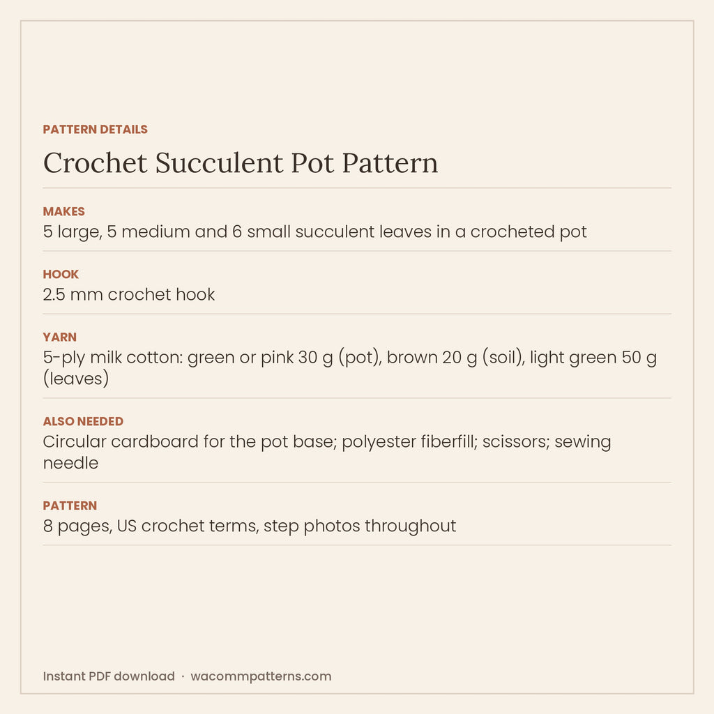 Pattern details card for the crochet succulent pot
