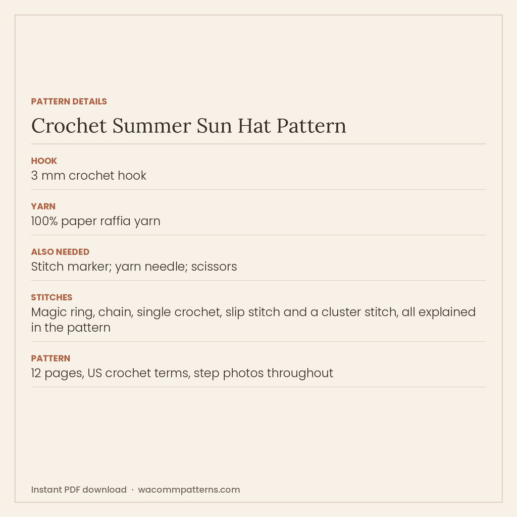 Pattern details card for the crochet summer sun hat