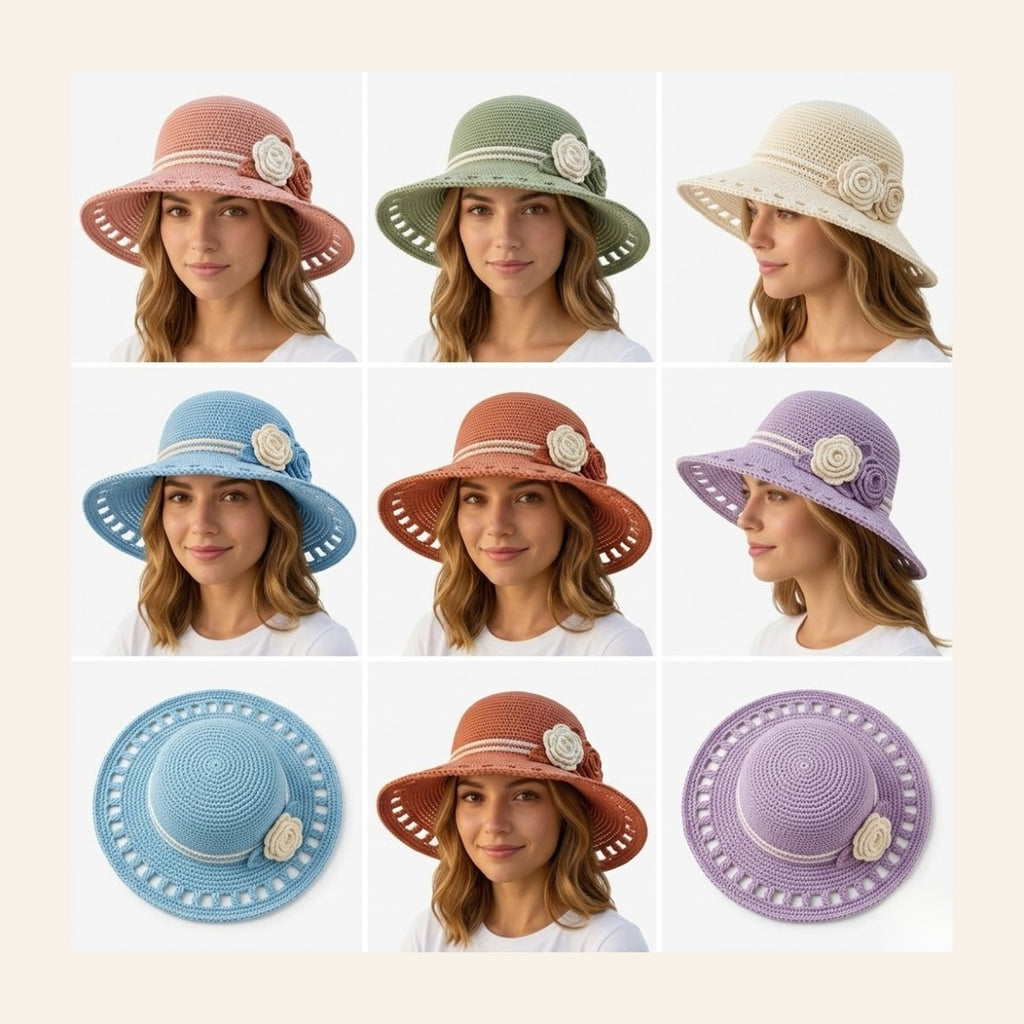 The crochet sun hat shown in nine colourways