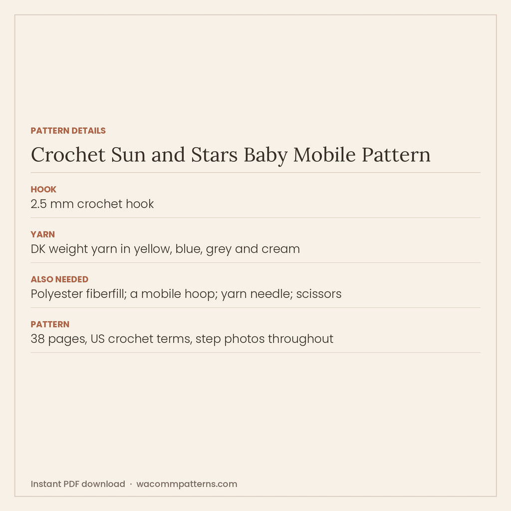 Pattern details card for the crochet sun and stars baby mobile