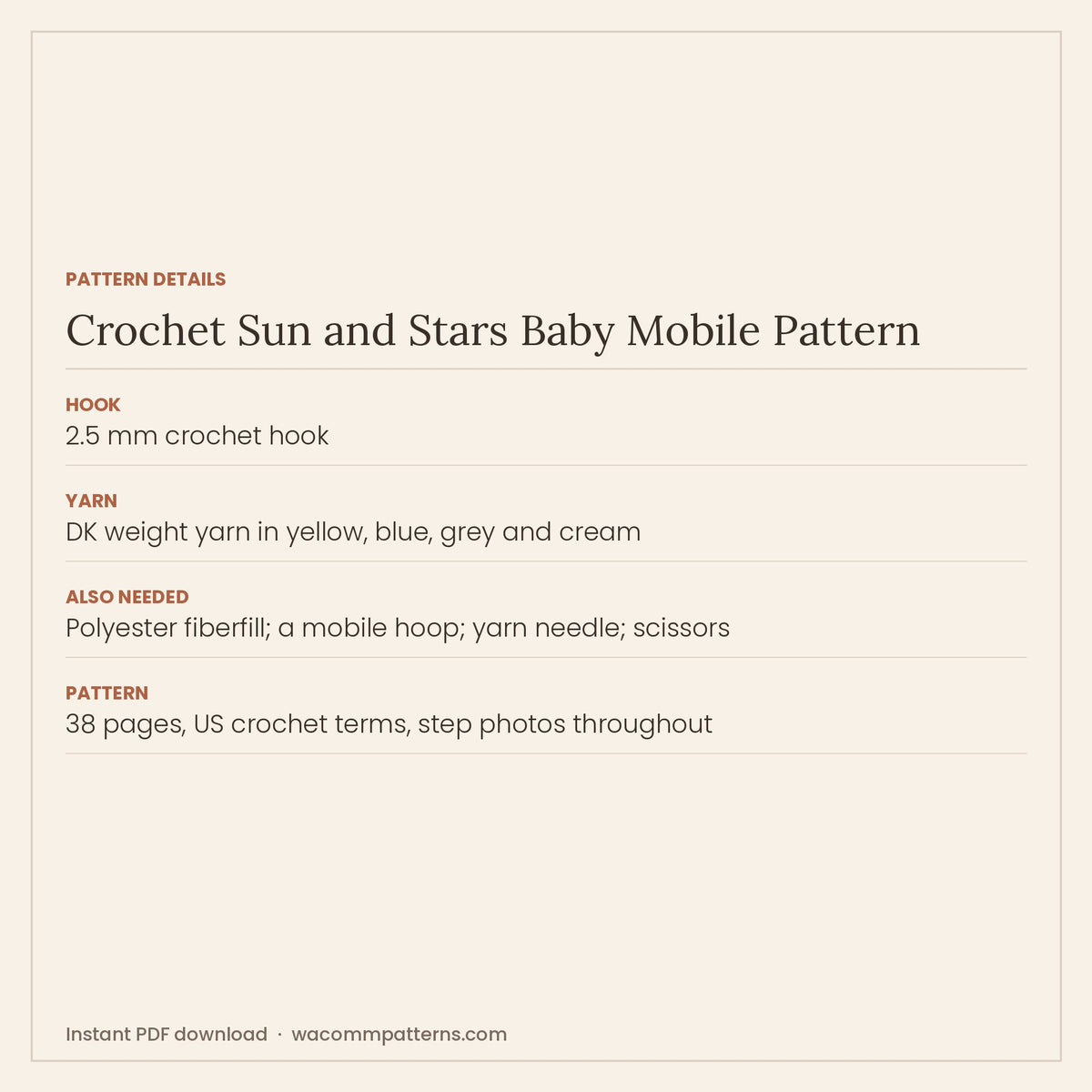 Pattern details card for the crochet sun and stars baby mobile