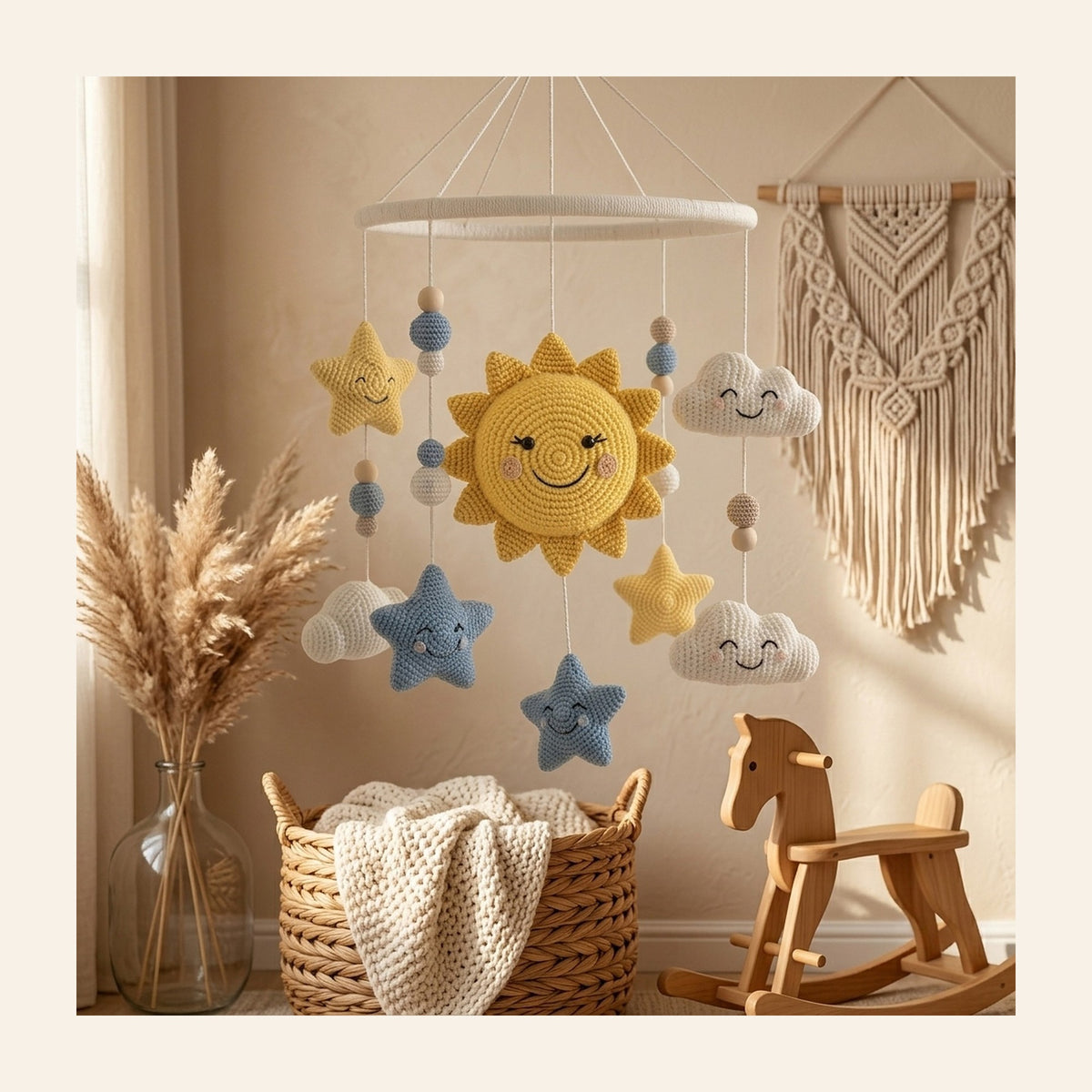 The sun and stars crochet mobile styled in a boho nursery