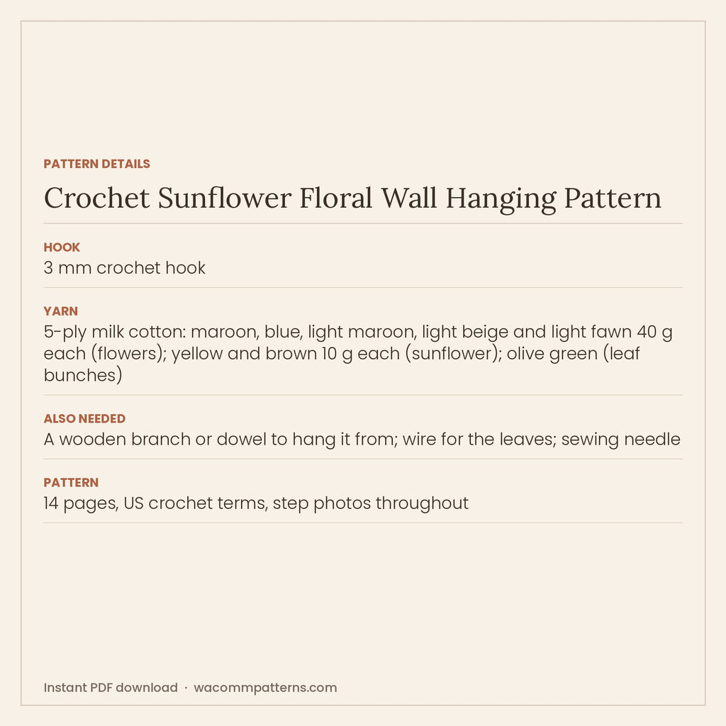 Pattern details card for the crochet sunflower floral wall hanging