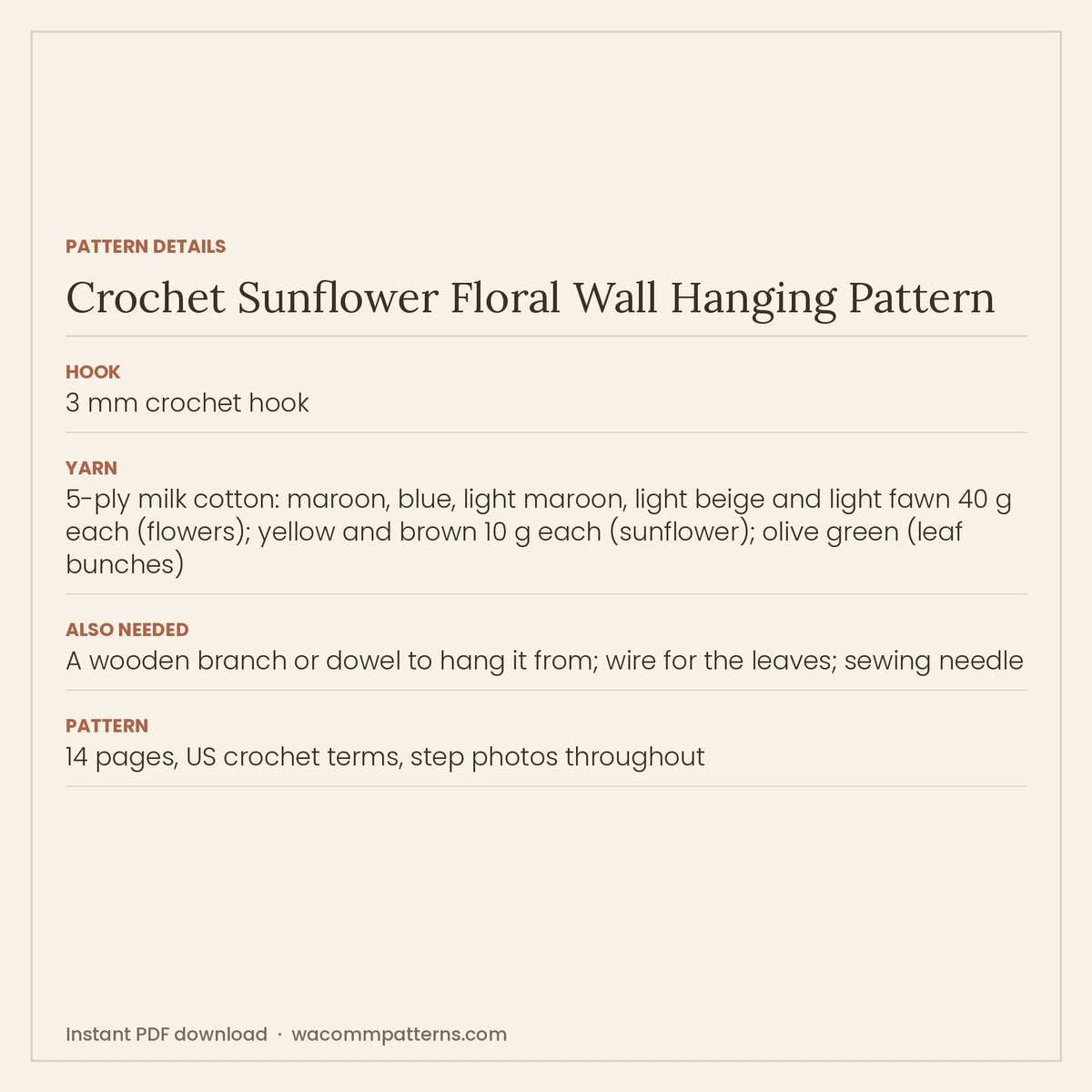 Pattern details card for the crochet sunflower floral wall hanging