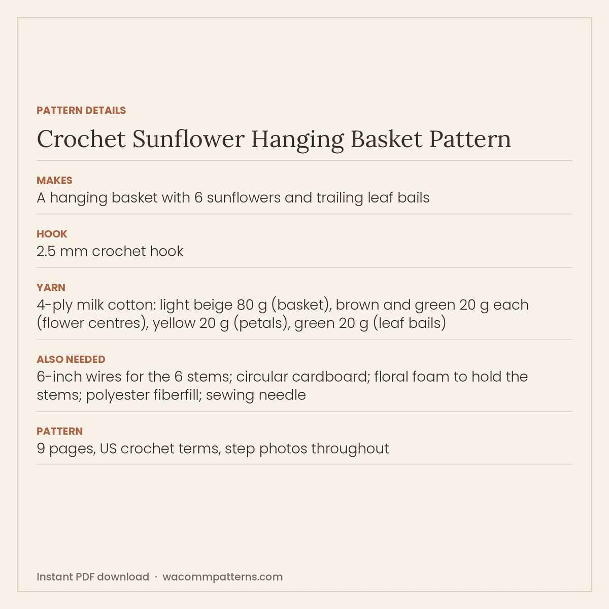 Pattern details card for the crochet sunflower hanging basket