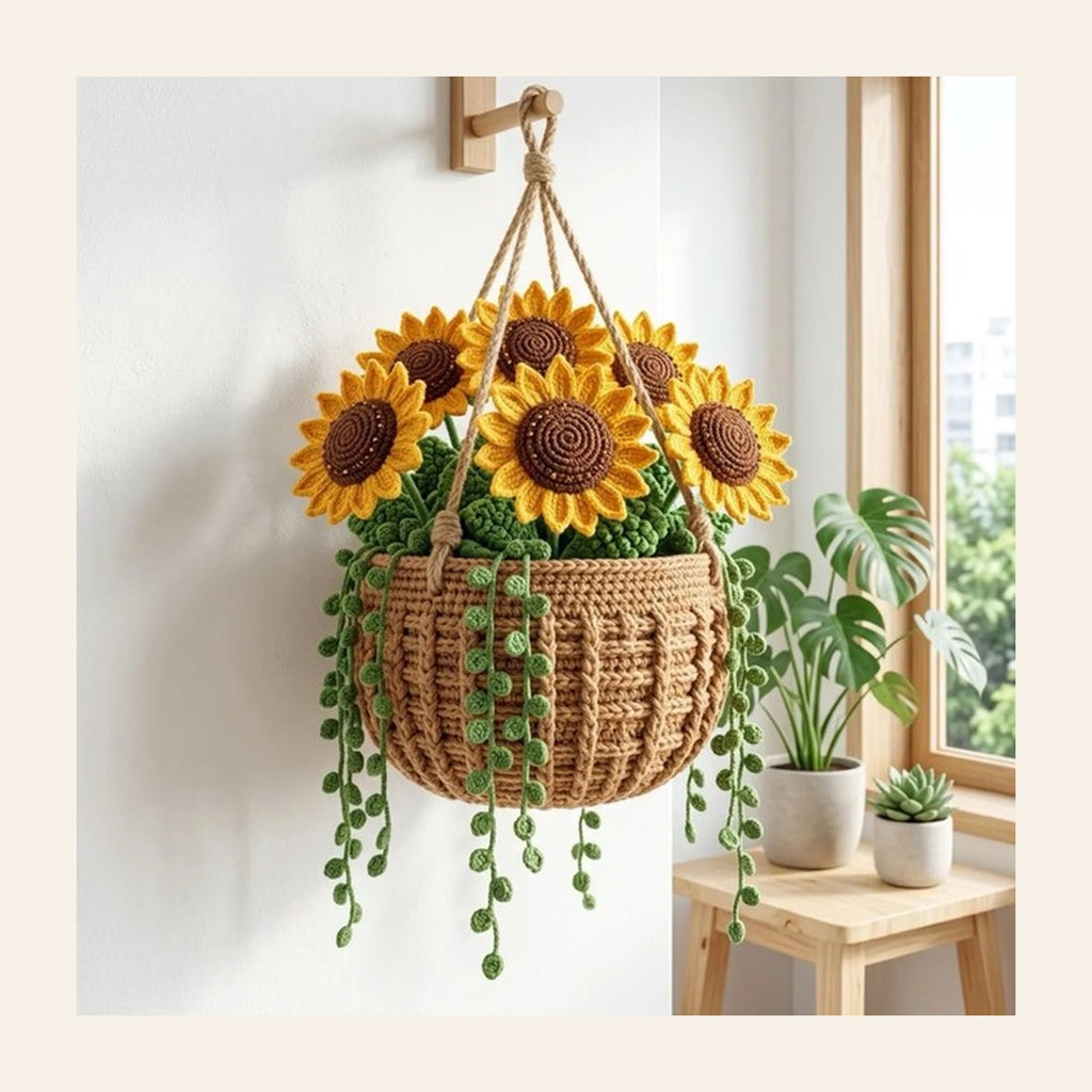 Crochet sunflower hanging basket with six sunflowers and trailing leaves