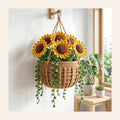 Crochet sunflower hanging basket with six sunflowers and trailing leaves