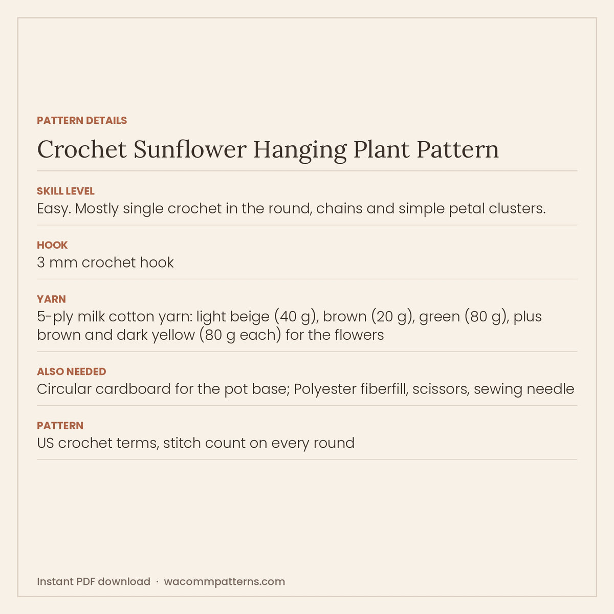Crochet sunflower hanging plant with trailing leaf vines and little sunflowers, about 23 inches long - PDF crochet pattern, instant download
