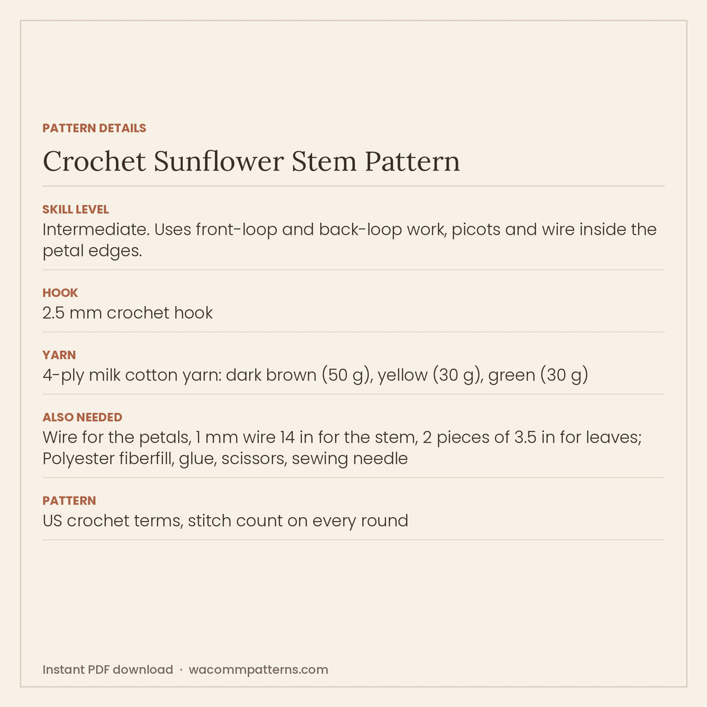 Crochet sunflower on a wired stem with two rows of wired petals and a textured seed centre - PDF crochet pattern, instant download