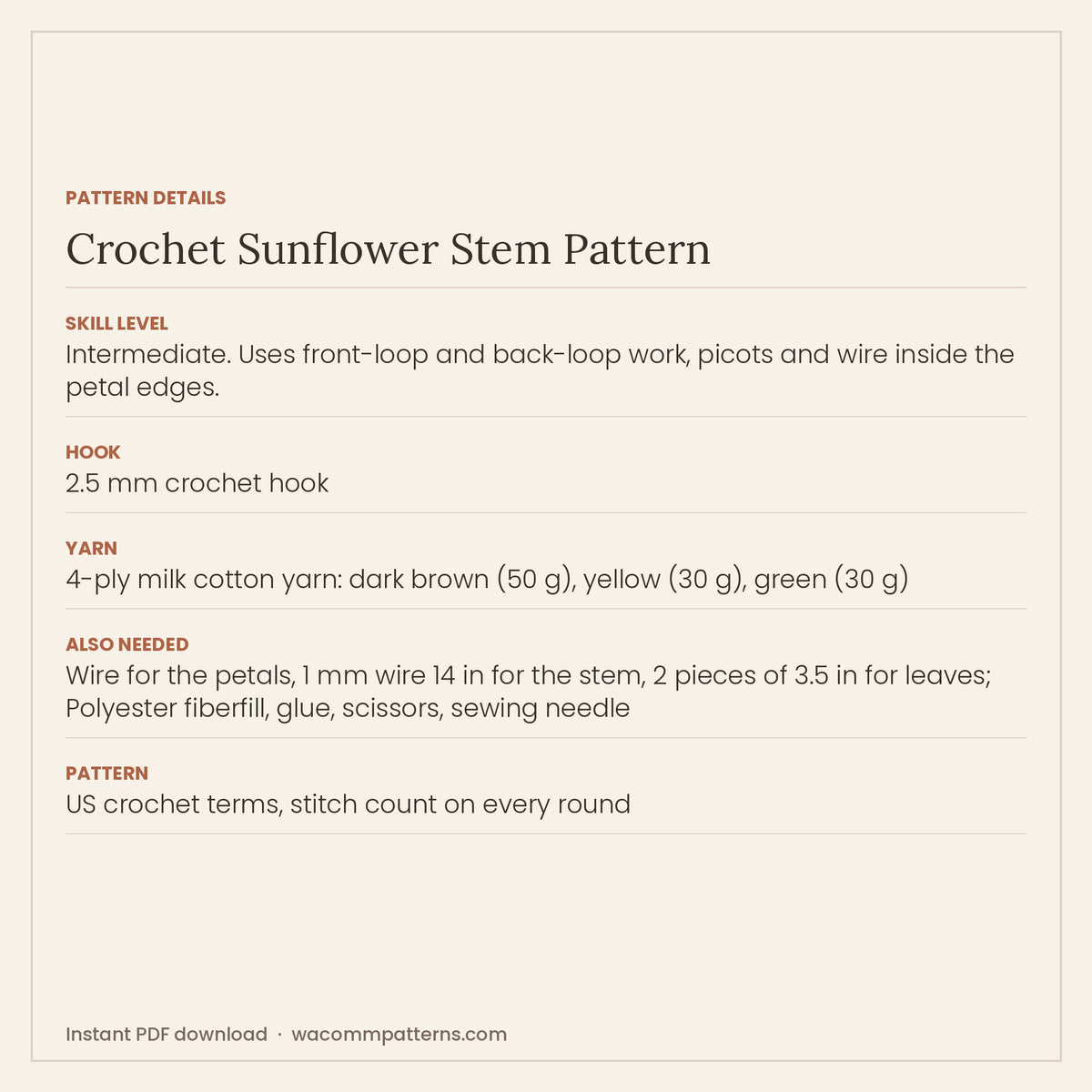 Crochet sunflower on a wired stem with two rows of wired petals and a textured seed centre - PDF crochet pattern, instant download